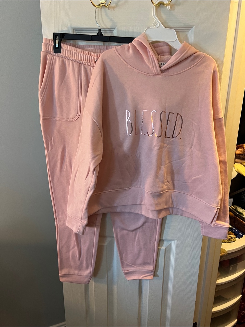 Rae Dunn Pink "Blessed" Hoodie Sweatshirt Set; Size Large